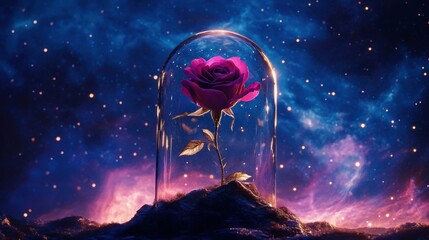 Beautiful rose encapsulated in glass dome against a cosmic background with stars and vibrant colors. Generative AI