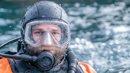 Diver in wetsuit in river