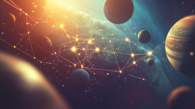 An abstract glowing grid of stars and planets, symbolizing the precision of universal space measurement.