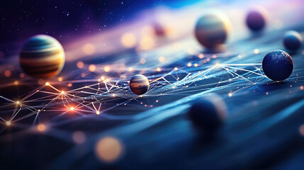 An abstract glowing grid of stars and planets, symbolizing the precision of universal space measurement.