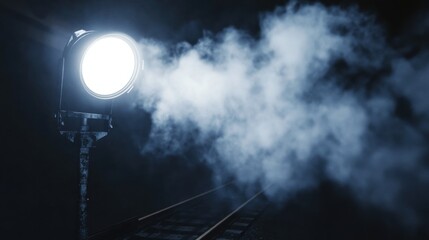 Black spotlights on rail with beams of light in the smoke. 3D rendering