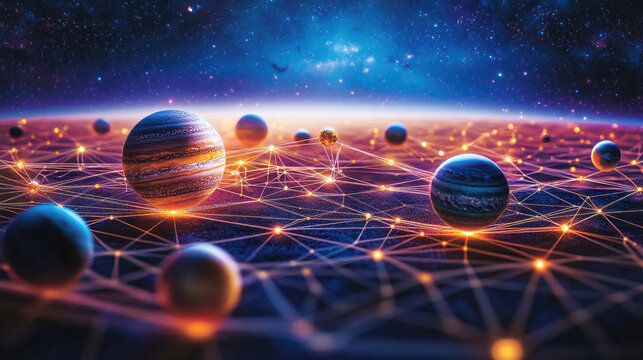 An abstract glowing grid of stars and planets, symbolizing the precision of universal space measurement.