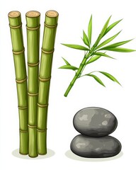Fototapeta premium Bamboo stems with green leaves and zen stones in minimalist design, symbolizing tranquility, harmony, and balance in eco friendly, nature inspired concepts