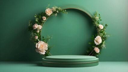 round podium banner with empty space, Green luxury Mother Day theme background, holiday banner poster background for advertisement ads