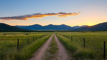 Obraz premium Serene Sunset Landscape with a Country Road Winding Through a Wildflower Field and Mountains