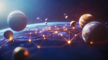 An abstract glowing grid of stars and planets, symbolizing the precision of universal space measurement.