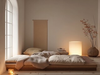 Minimalist interior features a low platform bed near a window