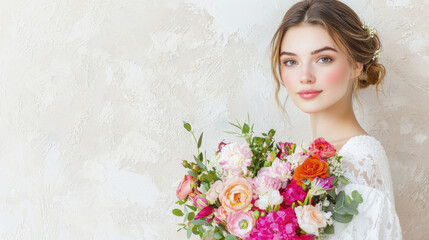 Naklejka premium young woman holds vibrant bouquet of flowers, showcasing beauty and elegance. soft background enhances her serene expression