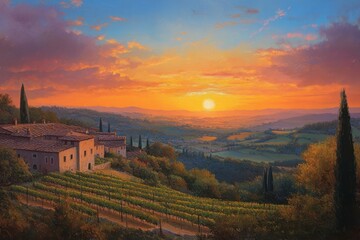 Naklejka premium Tuscan Sunset Vineyard Landscape Painting Golden Hour Scenery