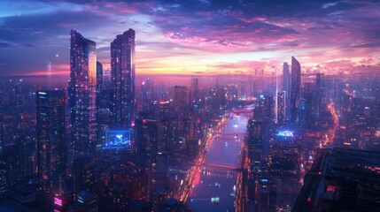 Fototapeta premium Smart digital city with connection network reciprocity over the cityscape . Concept of future smart wireless digital city and social media