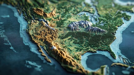 Topographic map showcasing diverse North American terrain.
