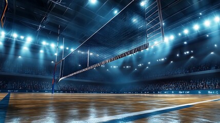 Indoor volleyball court in arena with lights and spectators.