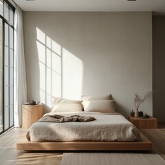 Light illuminates a calming bedroom with platform bed and linens