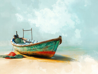Fototapeta premium A Traditional Fishing Boat with Colorful Nets Floating Near a Sandy Shore on a Light Aqua Background.