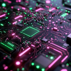 Obraz premium Close up of futuristic microchip with green circuits and pink lights