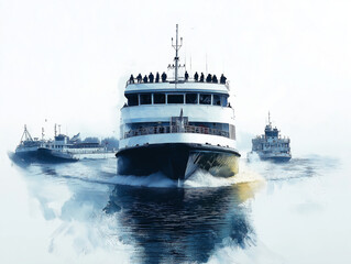 A Modern Ferry Crossing a Busy Harbor with People Standing on the Deck, Set Against a Cloudy White Background.