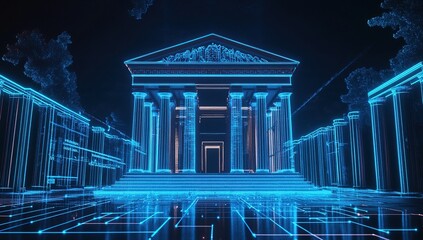 Obraz premium Digital Architecture: Exploring Futuristic Classical Building Designs with Neon Lines and Glowing Circuits in a Virtual World.