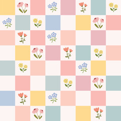Cute spring seamess pattern checkered pastel backdrop with different springtime flower simple doodles. Beautiful Easter print wallpaper