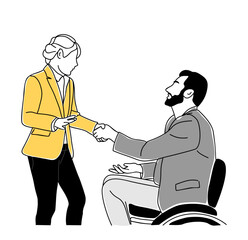 Business woman shaking hands with business man sitting in wheel chair. Inclusive business team work scene illustration. Modern vector simple outline drawing for graphic, web design on white background