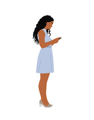Business woman using mobile phone. Pretty girl in dress standing side view holding smartphone, texting, chatting. Female cartoon character Vector realistic illustration isolated