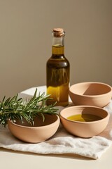 Elegant arrangement of olive oil, bowls, and fresh herbs on line
