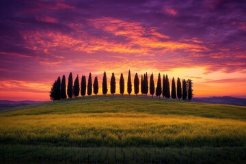 Tuscan Sunset Landscape Cypress Trees Yellow Field