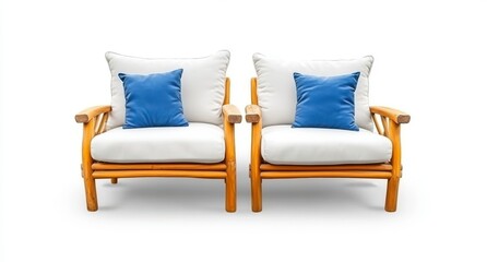 Pair Of Wooden Armchairs With Off White Cushions And Blue Pillows