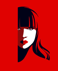 Vector design cover magazine beautiful young woman pop art contrast picture red lips flat simple bob hairstyle