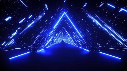 Amazing Neon Blue Triangular Tunnel with Dynamic Light Trails Creating a Futuristic Atmosphere