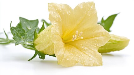 Fototapeta premium Pale Yellow Flower with Dew Drops and Immature Fruit