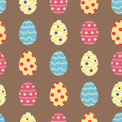 Festive Easter egg design in trendy 2025 color on warm brown background. Vector illustration. Seamless pattern. 