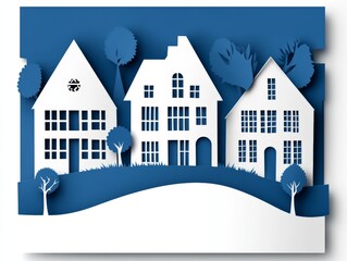 Obraz premium Snowy winter village in serene paper art style with cozy houses, white trees, and gentle shadows under a deep blue night sky, representing minimalist seasonal charm