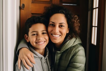 Cheerful laughing hugging adult.