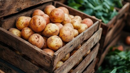 Freshly harvested potatoes in wooden crates at a farmers market