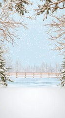 Fototapeta premium Peaceful Winter Landscape Snow Covered Trees Frame Frozen Lake and Wooden Fence