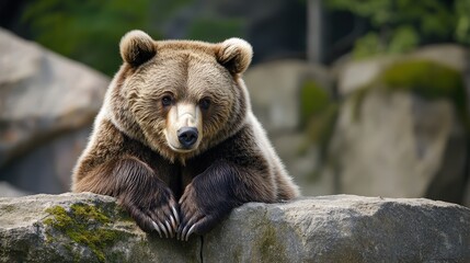 Fototapeta premium Brown bear resting peacefully on a mossy rock in a forest setting.