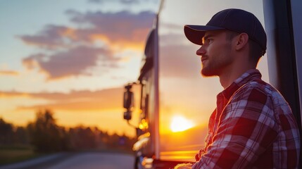 Man in a cap leaning against a truck at sunrise.