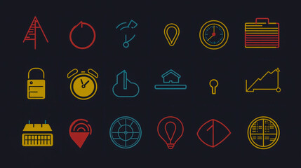 Minimalistic icon set featuring time, date, and address symbols, including calendar, clock, and location pin designs