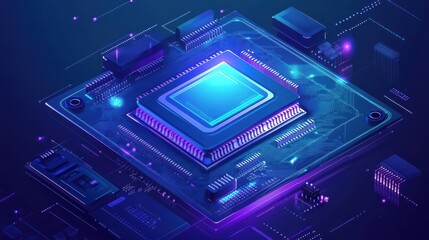 Futuristic vector illustration of a blue circuit board with intricate digital tech elements. Computer motherboard with a chip, processor, and semiconductor. Digital vector illustration