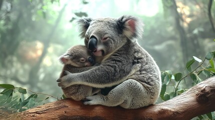 Affectionate koala mother and joey embrace on a branch.
