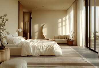 Serene Beige Minimalist Bedroom with Natural Sunlight