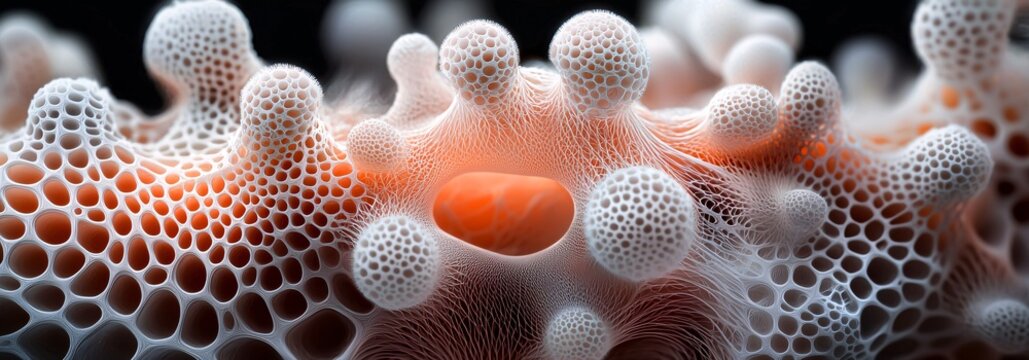 A hyperrealistic abstract composition of microscopic life forms, glowing and pulsating with energy, depicting an unseen universe of surreal beauty. Bioluminescent glow, intricate organic patterns,