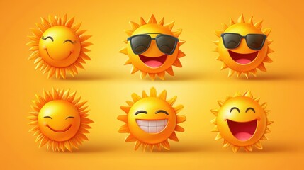 Cute suns. Sunshine emoji, cute smiling faces. Summer sunlight emoticons and morning sunny weather. Isolated funny smileys vector icons