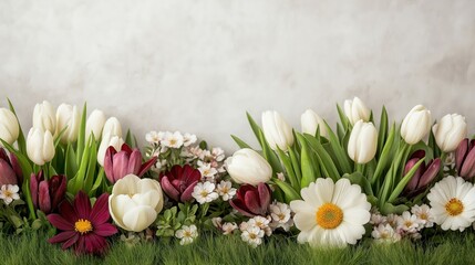 A vibrant flower bed featuring white and burgundy tulips, daisies, and delicate blossoms arranged in lush green grass, with a soft neutral background