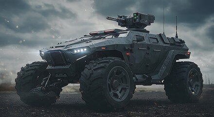 Fototapeta premium Futuristic Military Vehicle Rugged Armored Exterior Hovercraft Wheels Retractable Turret Generative Ai