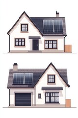 Modern two story white house with rooftop solar panels in a lush green setting, highlighting energy efficiency and eco friendly architectural design