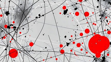 High-resolution abstract background image depicting a chaotic yet balanced composition of intersecting lines and organic shapes, primarily in shades of grey with pops of red.