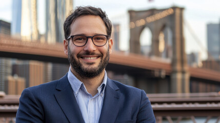 Fototapeta premium smiling man in suit stands in front of city bridge, showcasing urban life and confidence