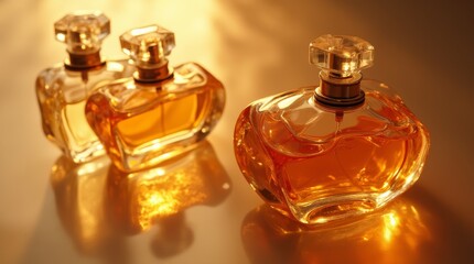 Elegant perfume bottles arranged in a line with soft golden lighting and reflective glass, creating a luxurious and glowing atmosphere. Perfect for beauty and luxury ads.