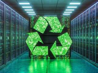 A data center with energy optimization graphics and a green icon for sustainability.